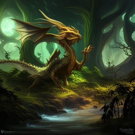 Gold Dragon in Fantasy Forest: Detailed Matte Painting