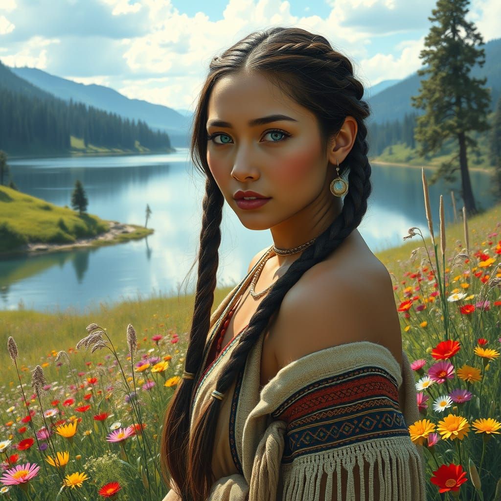 Ethereal Native Woman in Lush Meadow, Fantasy Art
