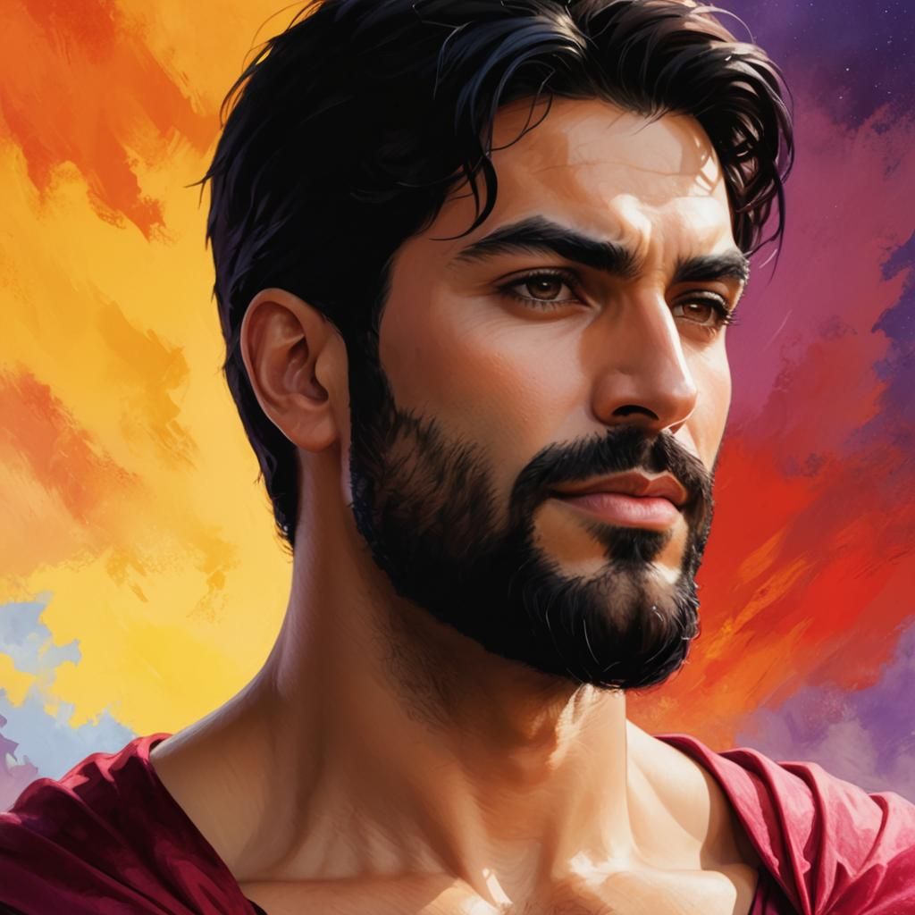 Handsome Bearded Man with Red Cape, Alphonse Mucha Style