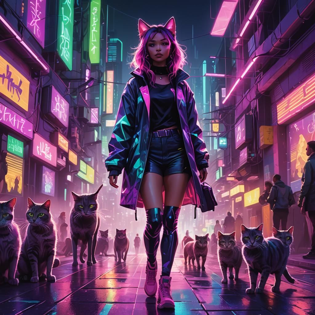 Cat Girl in Neon Aura: Cyberpunk Fantasy Art