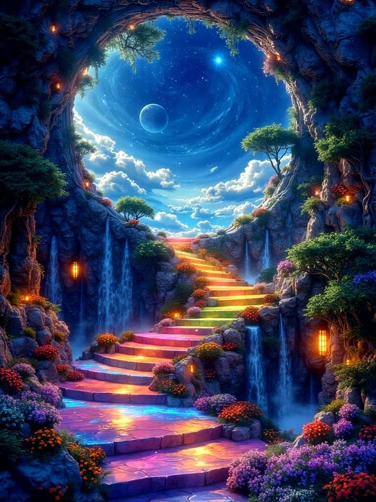 Surreal Oil Painting of Rainbow Portal to Miniature Village