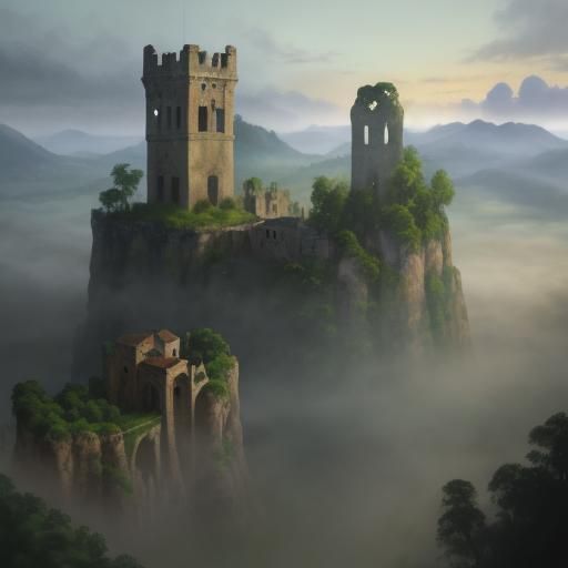 Misty Tropical Ruins in Gouache Style