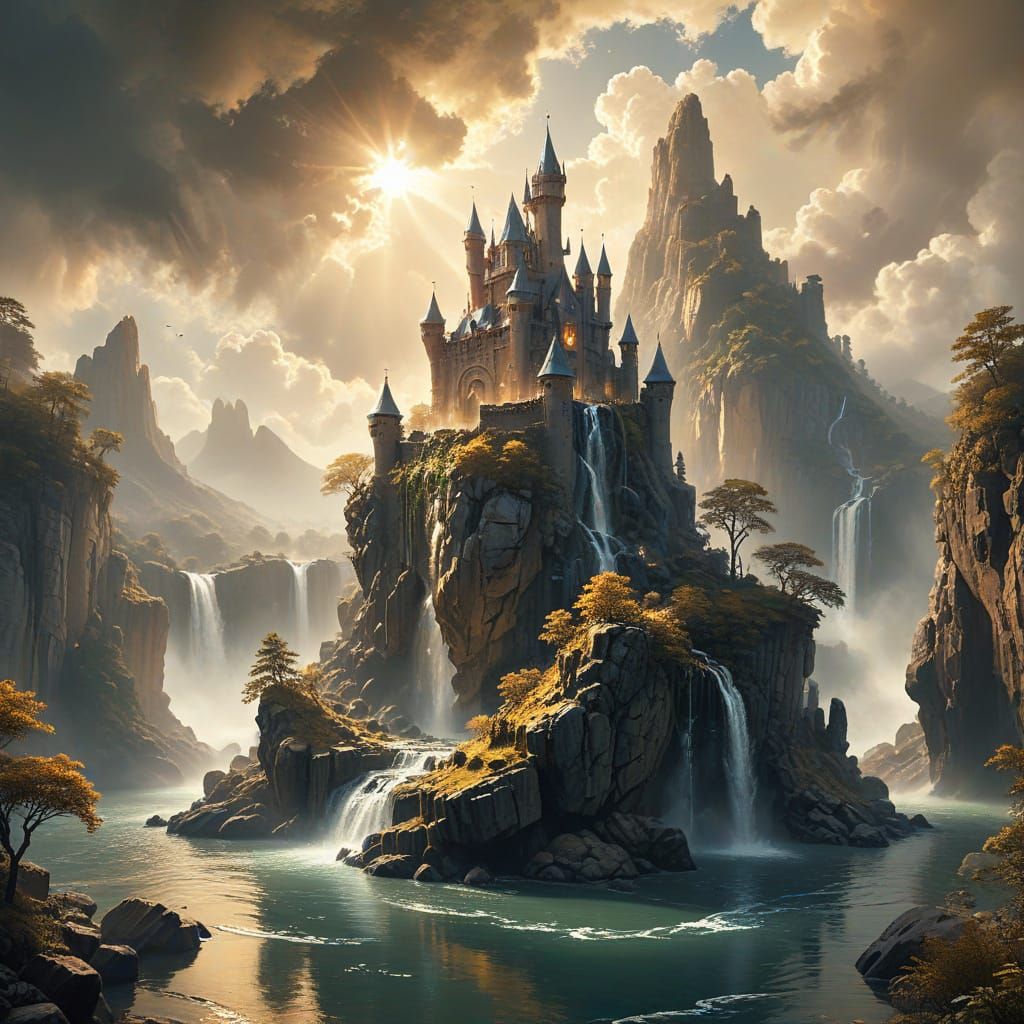 Majestic Castle on Floating Island with Ethereal Waterfalls
