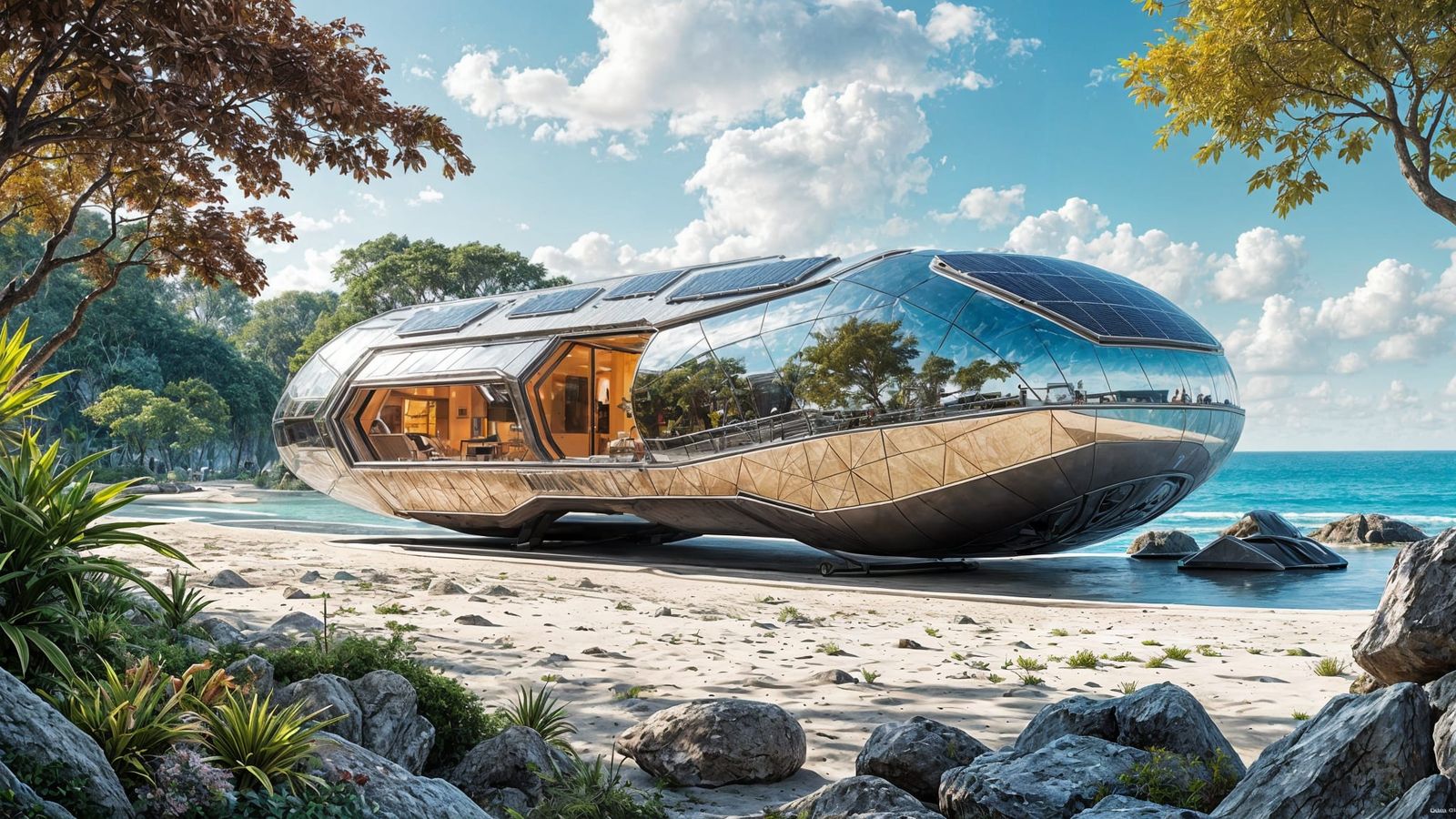 Futuristic Metallic Mobile Home on Beach in Retro-Futurism S...