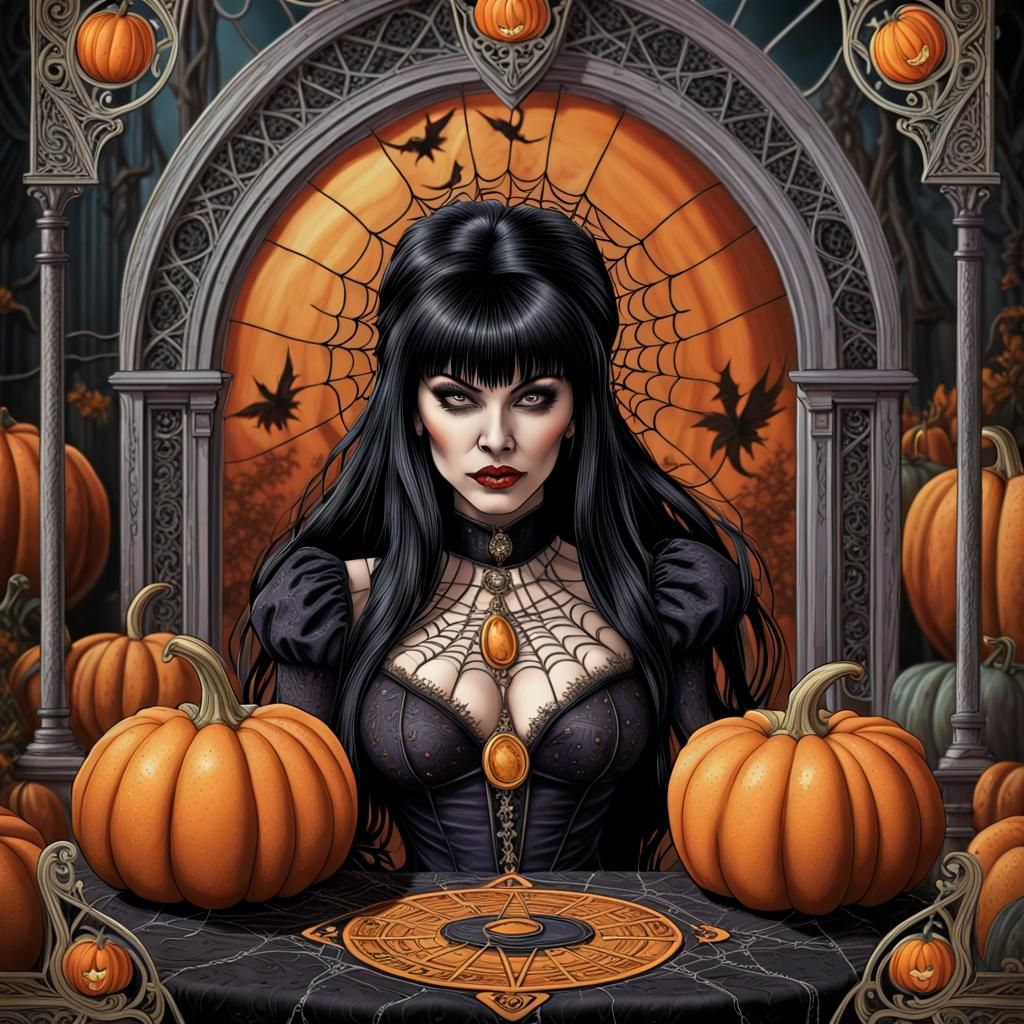 Elvira Halloween Tarot Card with Haunted House