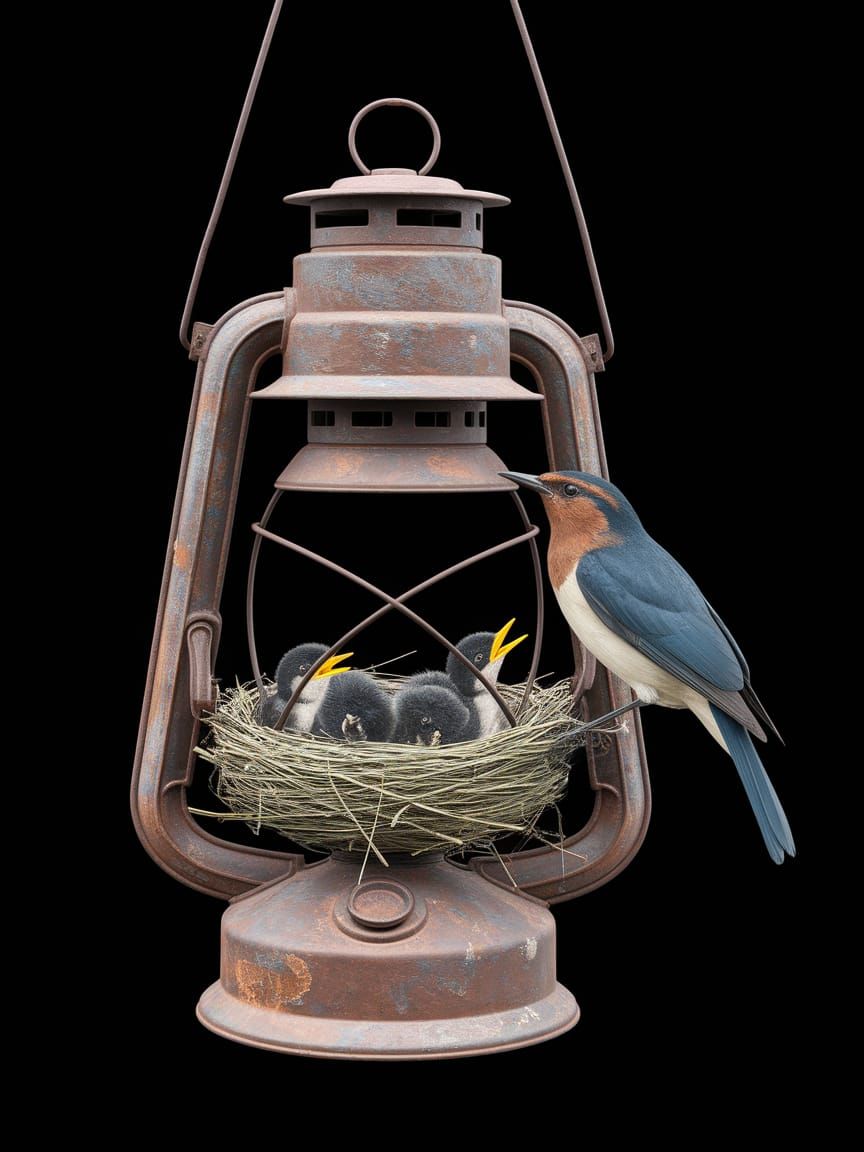 Bird Family Nesting in Antique Lantern