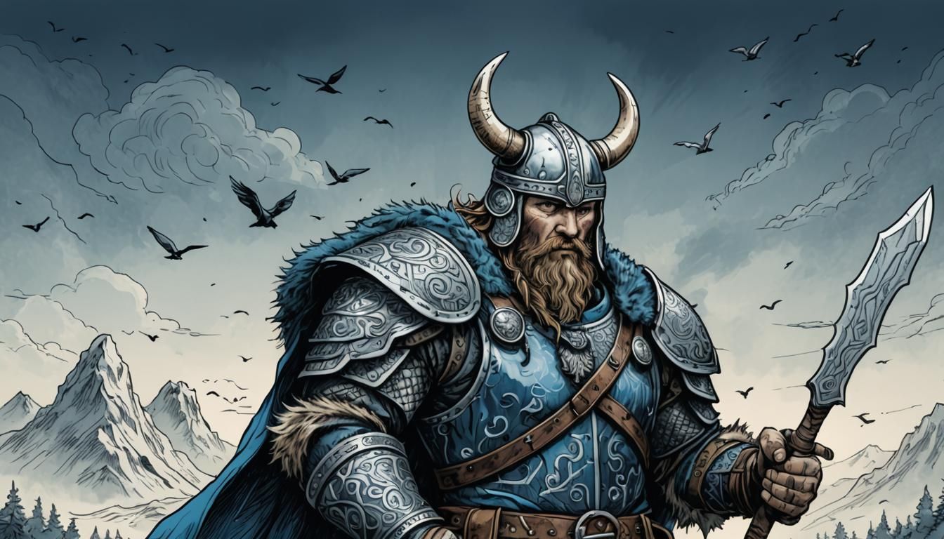 Viking in Hyper-Realistic Dieselpunk Armor, Surrounded by Bi...