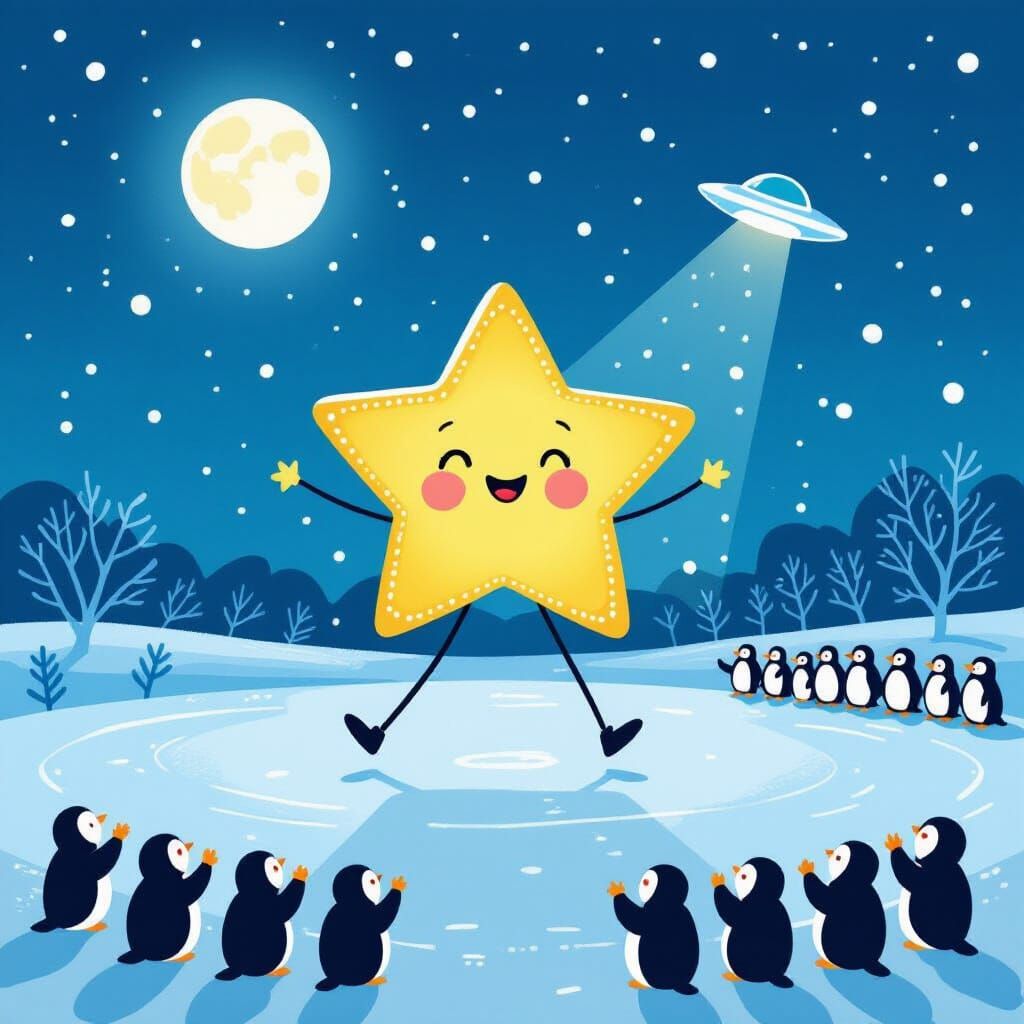 Dancing Star on Frozen Lake with Penguin Audience