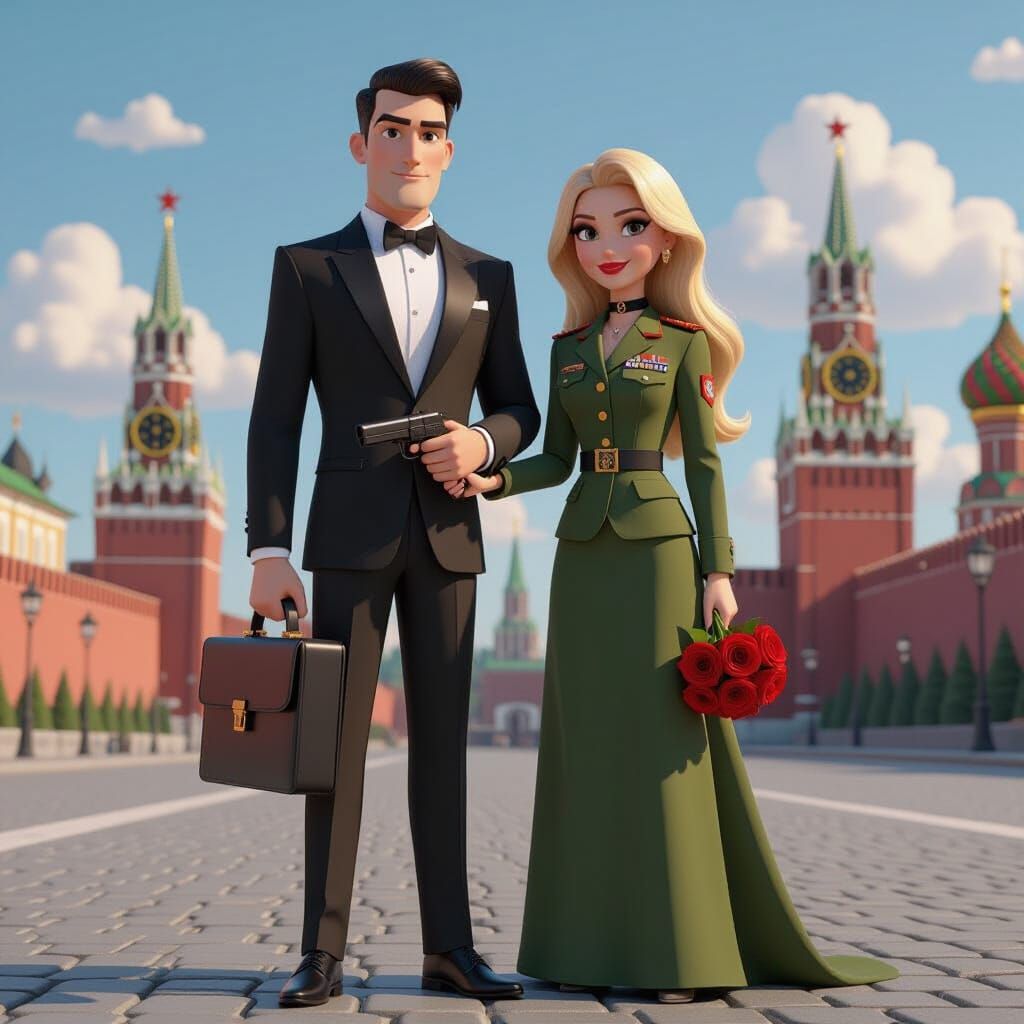 Pixar-Style Spy Couple in Red Square