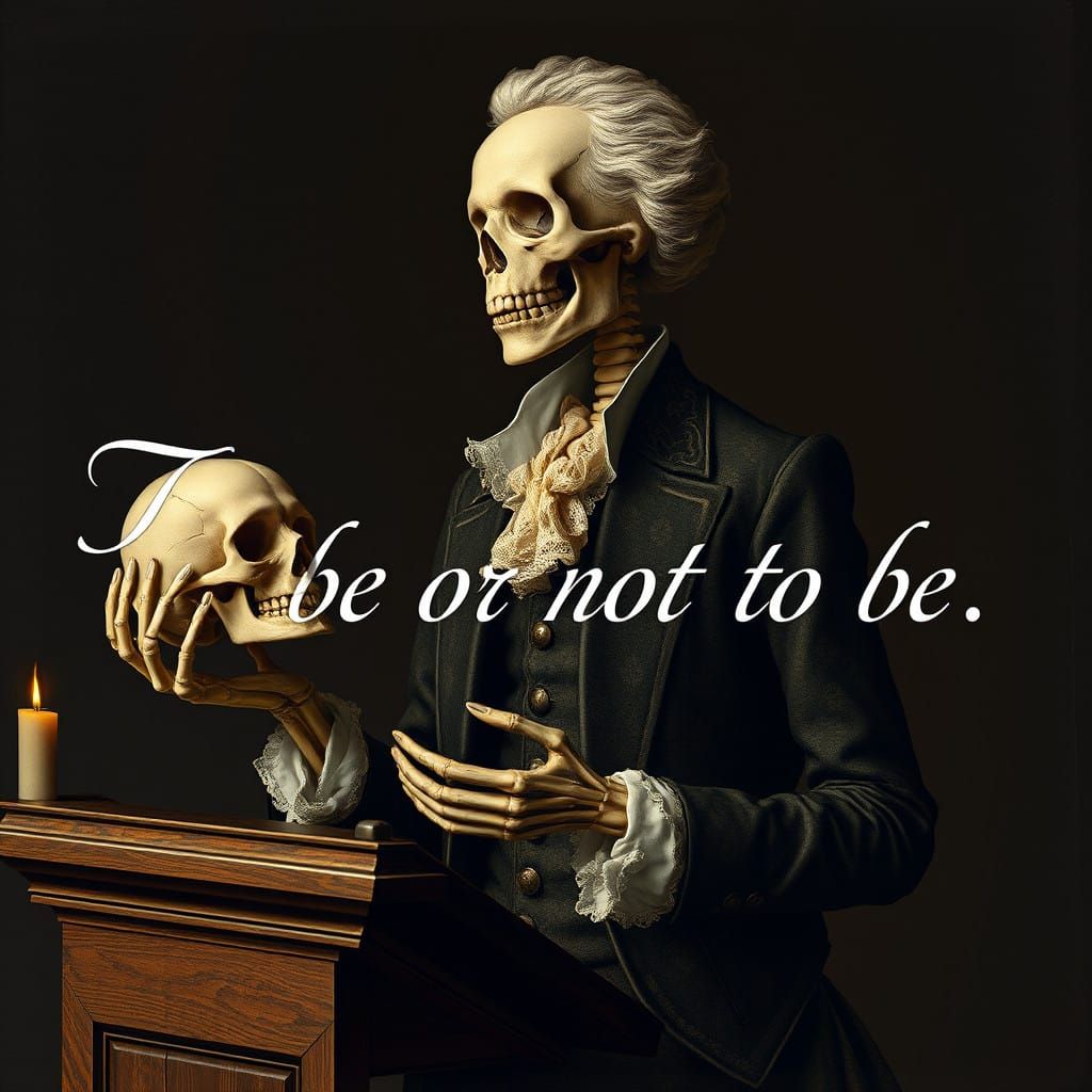 Elegant 18th Century Skeleton Ponders Mortality Amid Candlel...