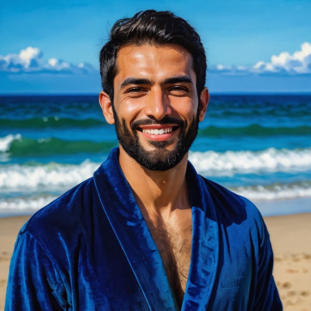 Cheerful Man in Blue Bathrobe: Neo-Impressionist Seascape