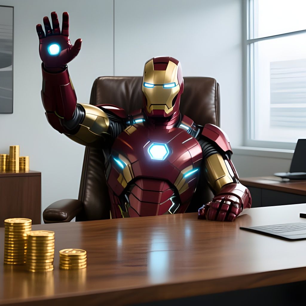 Iron Man in Office Setting, Cinematic Hyperrealism