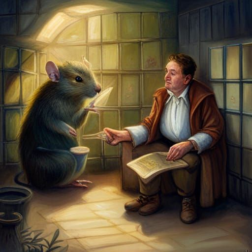 a prisoner in cell talking with magic rat dressed as human, ...
