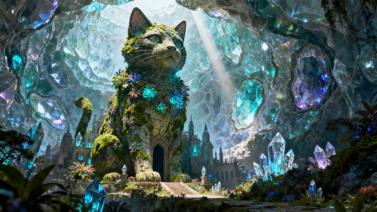 Colossal Ancient Cat Statue Guarding Hidden Geode City