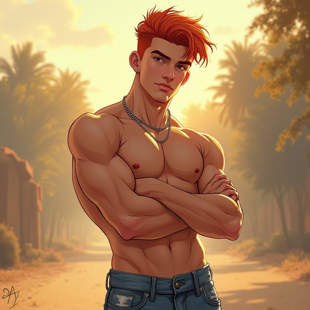 Confident Redhead Exposes Muscular Physique in Sunlit Landsc...
