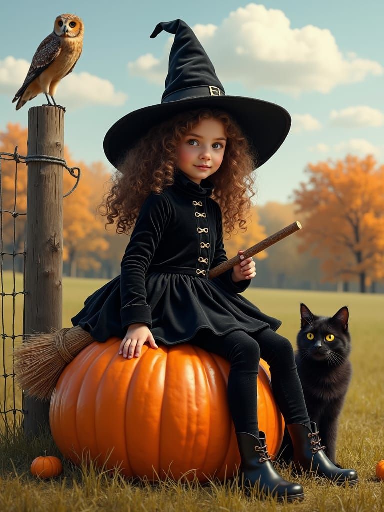 Magical Autumn Witch Scene with Pumpkin and Cat