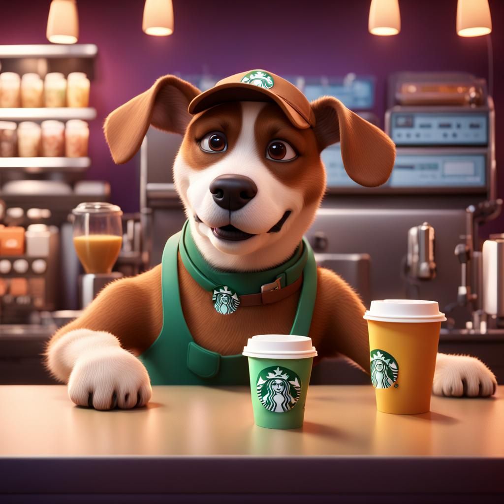 Dog Barista at Starbucks in Pixar 3D Style