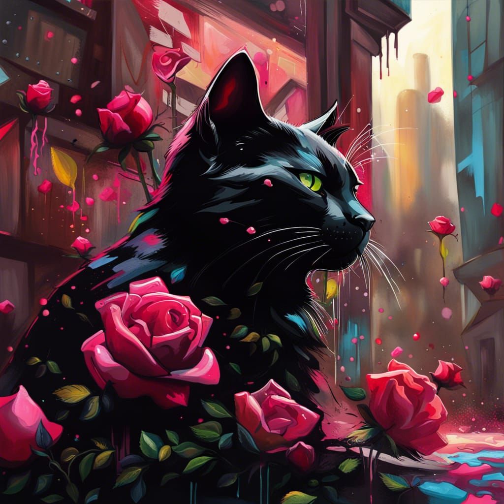 Black Cat in Roses, Graffiti Art Style