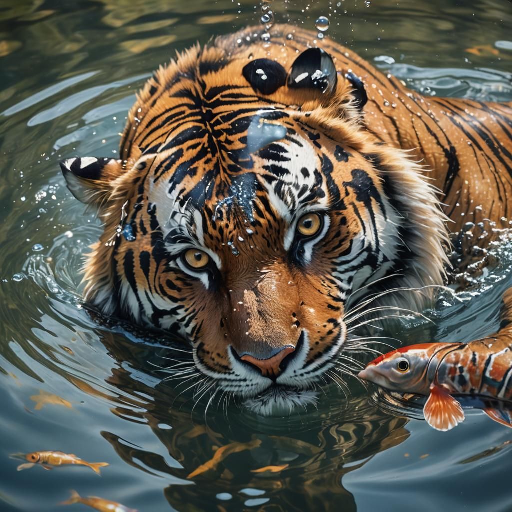 Tiger Diving for Fish in Hyperrealistic Style