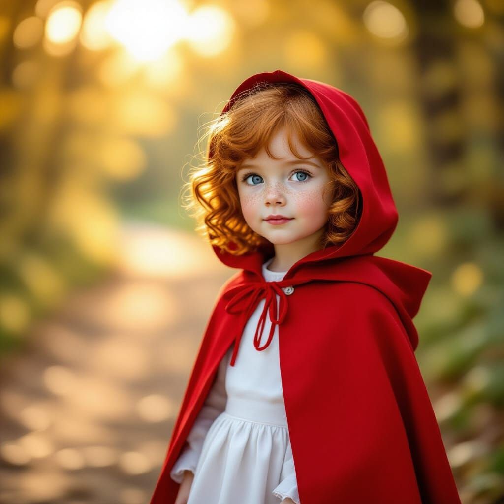 Little Red Riding Hood in Sun-Dappled Forest