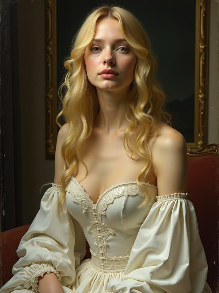 Mona Lisa, blond hair, white dress
