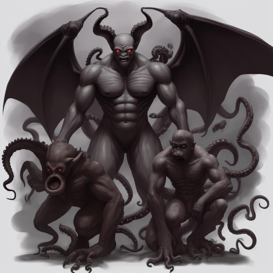 Humanoid Octopus Monster with Bat Wings in Darkness