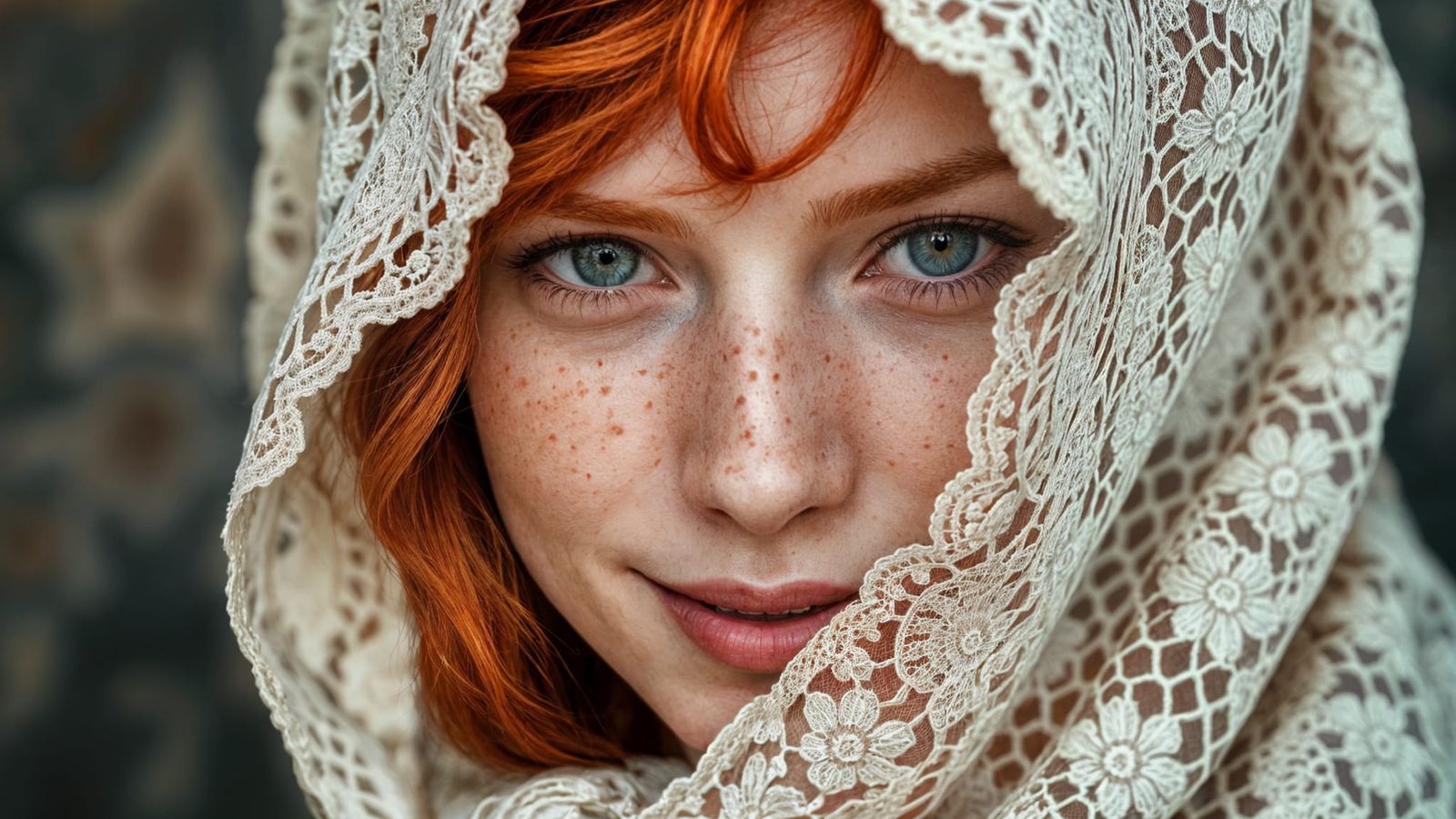 Gorgeous Redhead Woman in Intricate Lace Shawl