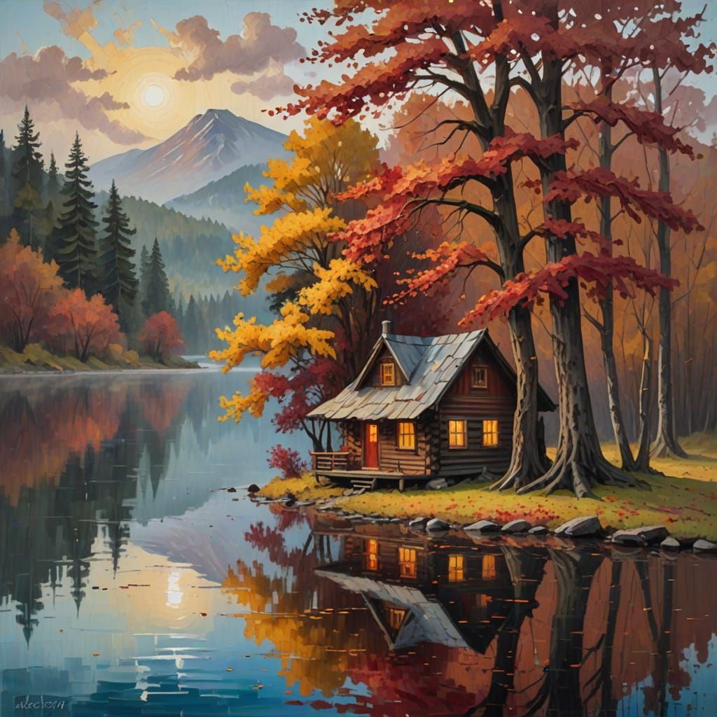 Cabin by Misty Lake in Impressionistic Oil Painting