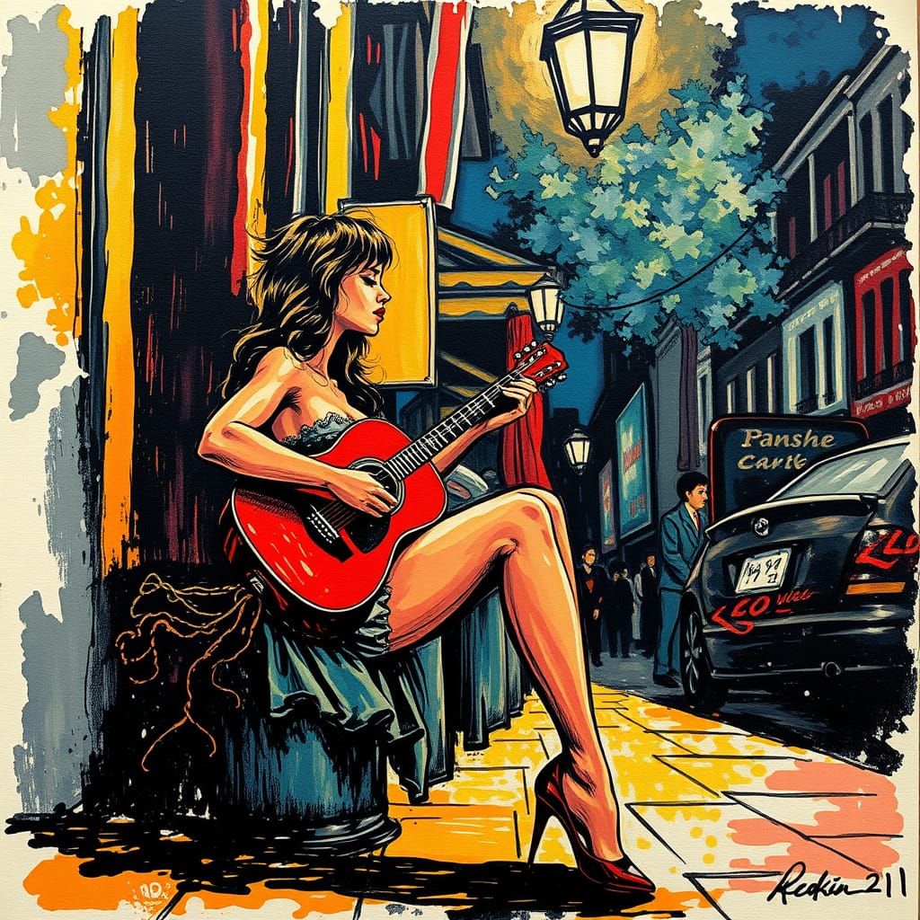 Sultry Nighttime Street Corner Guitarist in Pop Art Style