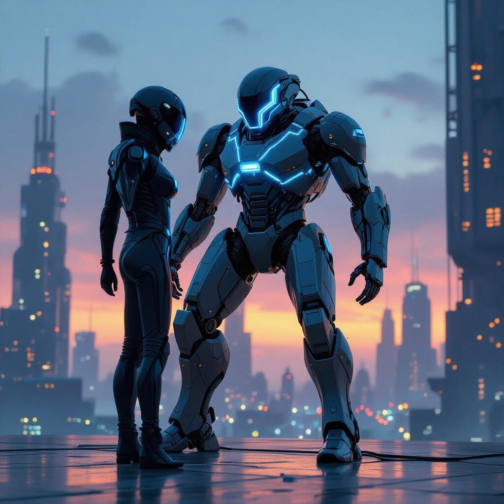 Futuristic Mech in Cyberpunk Cityscape