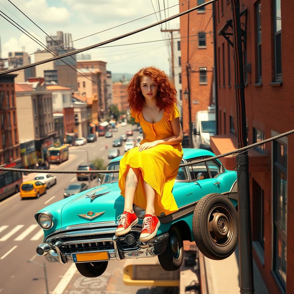 Woman on Wire in Cityscape, Hyperrealistic Style