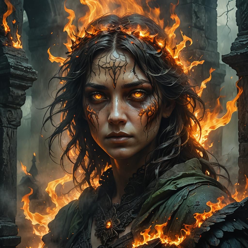 Angel Face in Flames: Dark Fantasy Concept Art