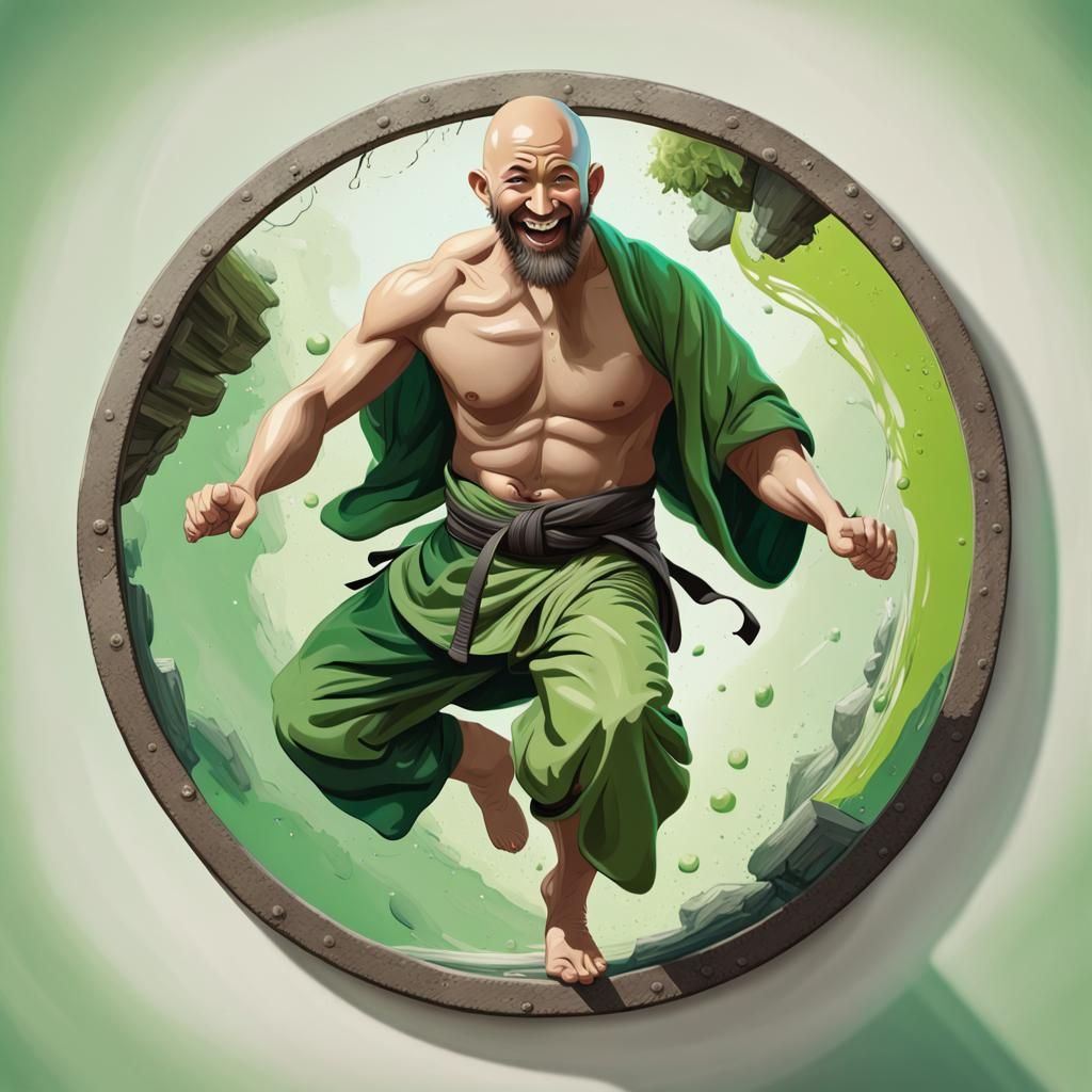 Hyperrealistic Monk Emerges from Green Portal