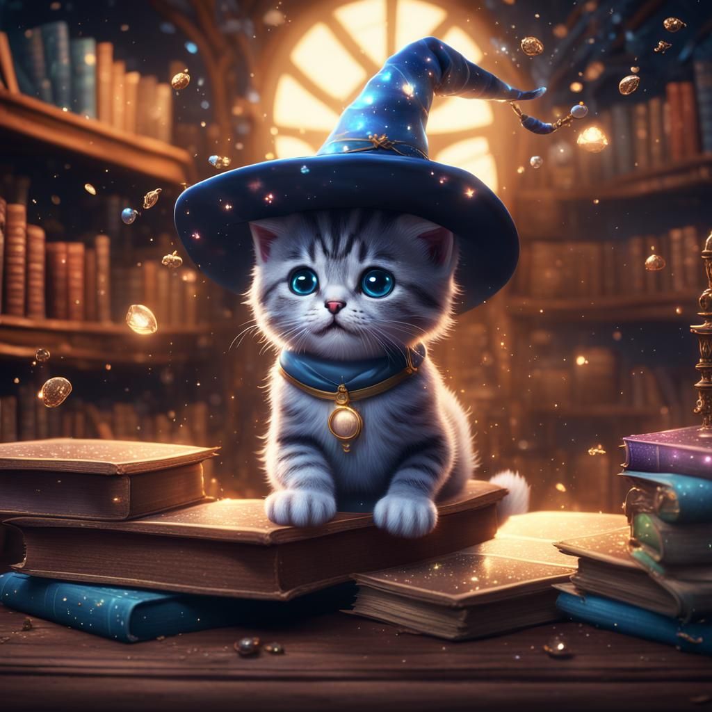 Kitten Wizard Surrounded by Magic Books