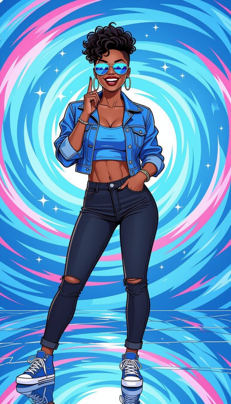 Excited Woman with Mirrored Sunglasses in Cartoon Style