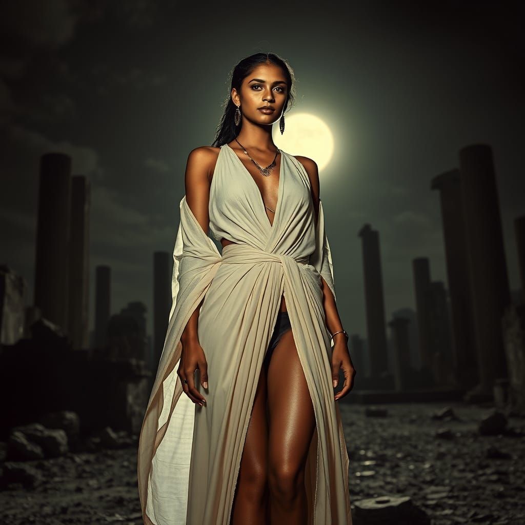 Elegant Woman in Ancient Ruins Amidst Film Noir Lighting