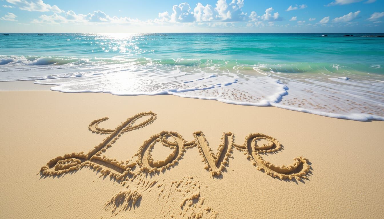 Love on a Beach: Serene Seascape with Cursive Text