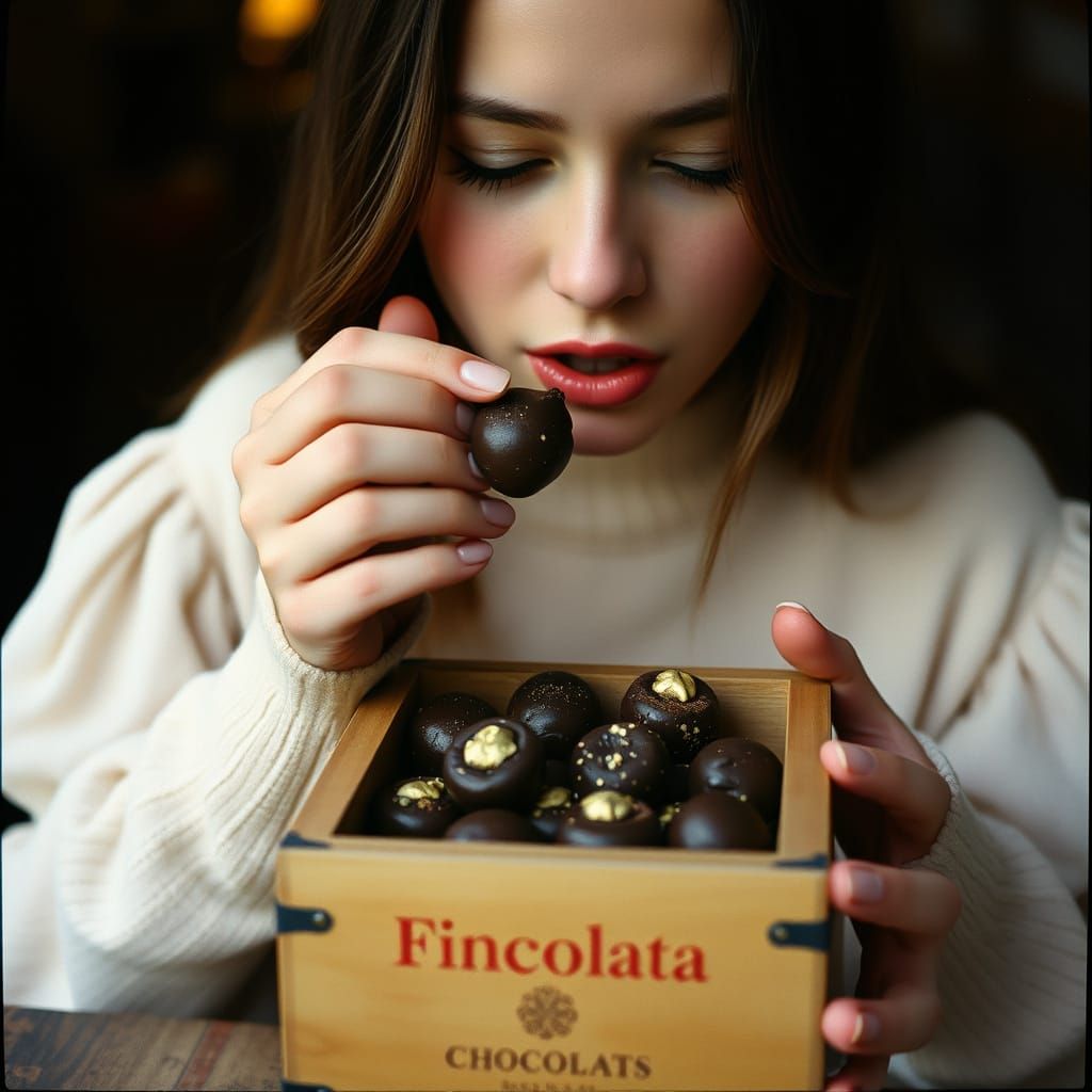 Elegant Lady Savoring Decadent Chocolate Treats in Warm Ligh...