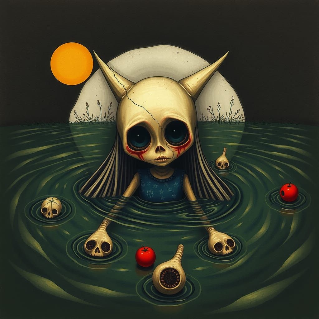 Rotten Chibi Doll Drowning in Surrealist Style