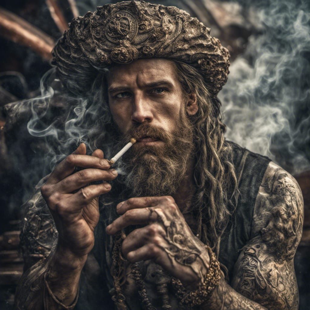 Hyperrealistic Merman Smoking on Sunken Ship