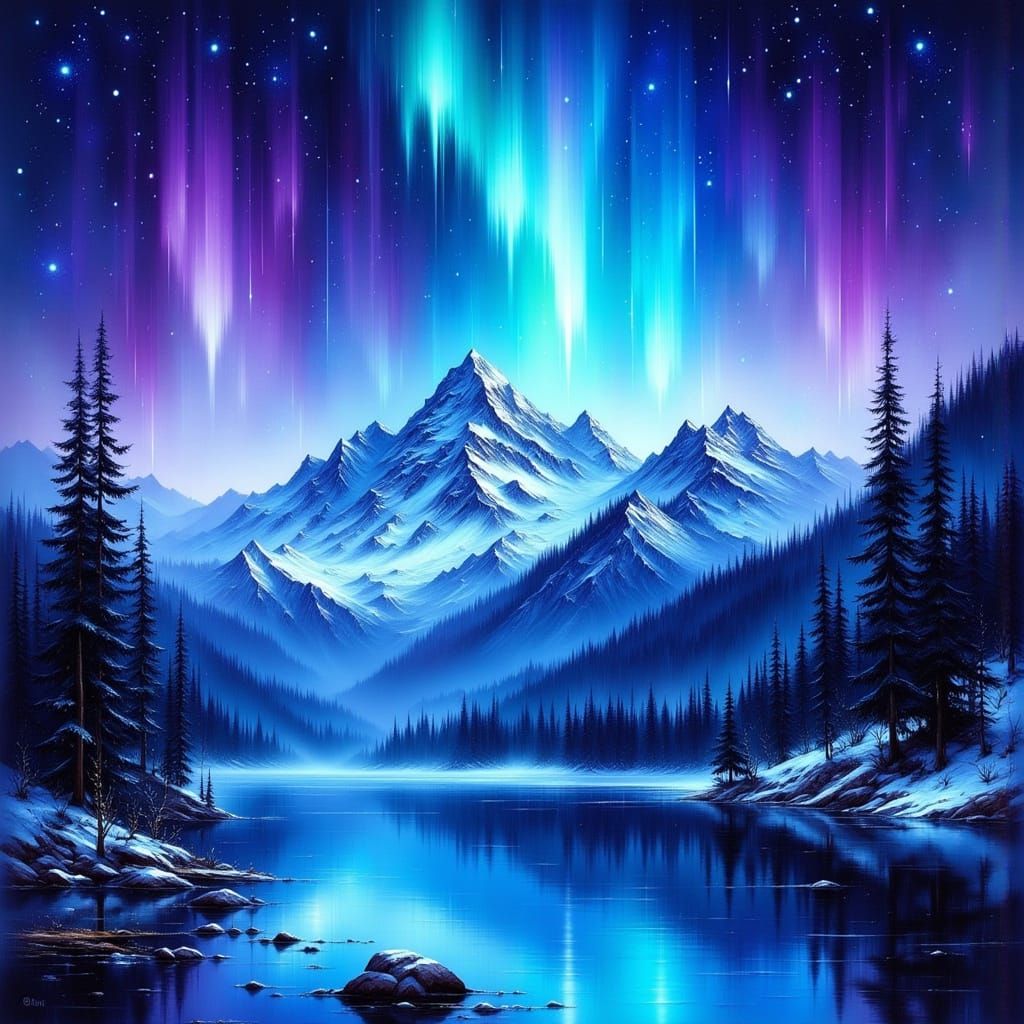 Turquoise Aurora Over Snow Mountains, Watercolor Style