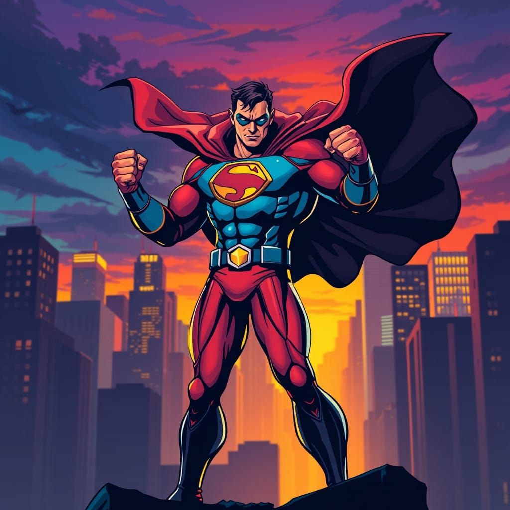 Heroic Figure in Vibrant Costume Defies Cityscape
