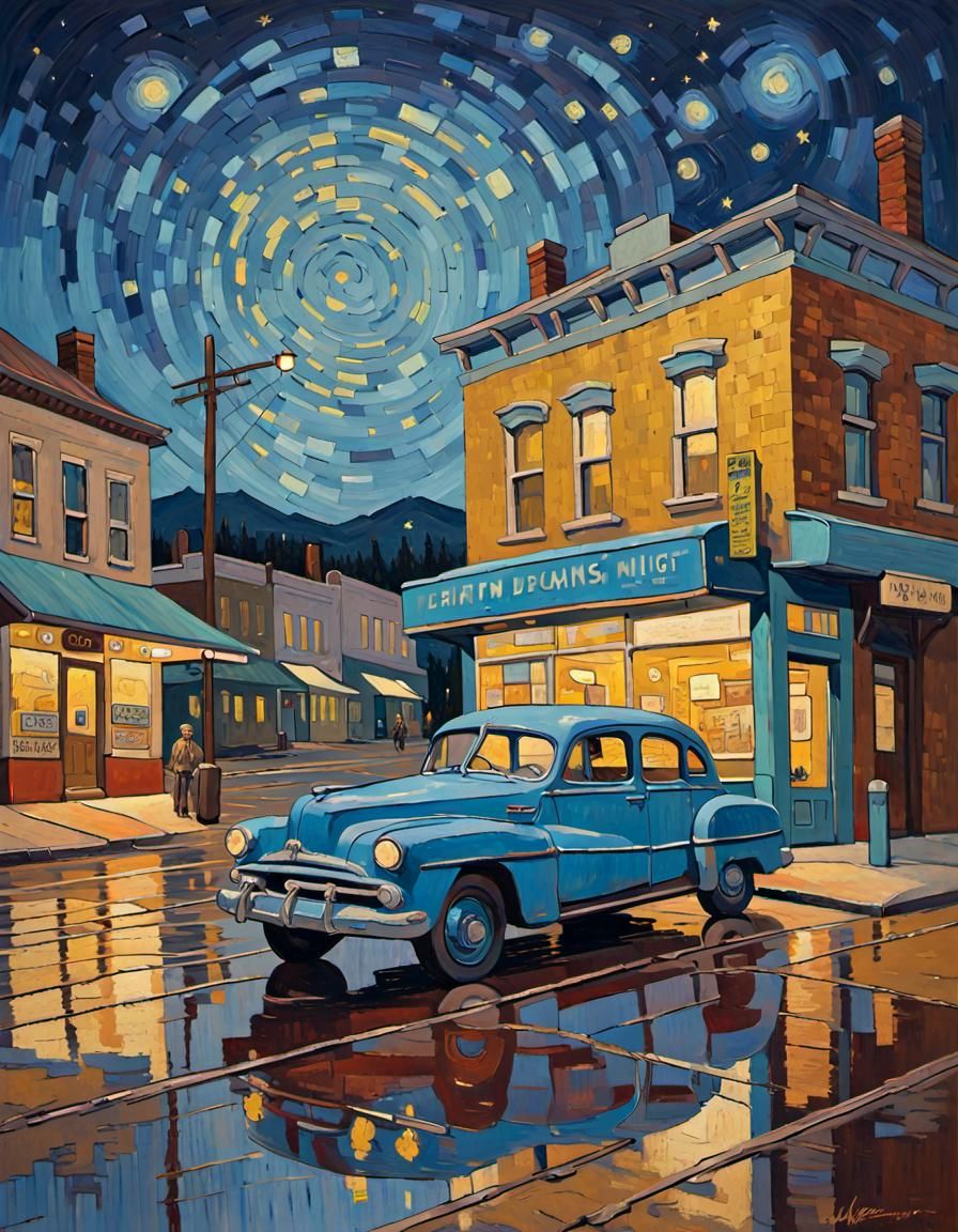 1950s Town at Night in Impressionist Style