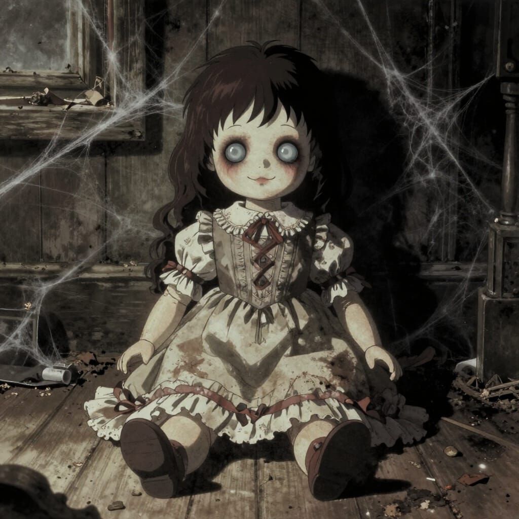 Creepy Anime Doll in Dusty Attic - Gothic Horror Art