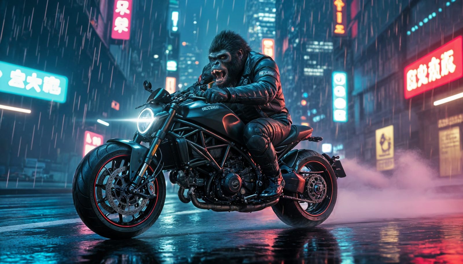Gorilla Biker Rides Ducati Through Neon Futuristic City