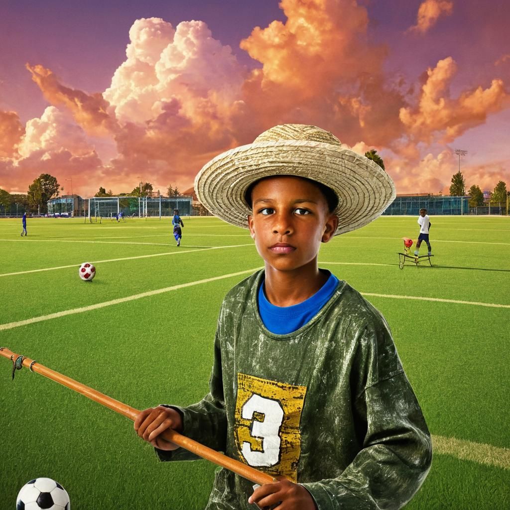Fisherman on Soccer Field: Whimsical Surrealist Art