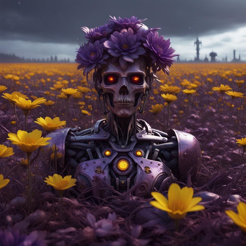 Metallic Flower Rises in Robot Graveyard