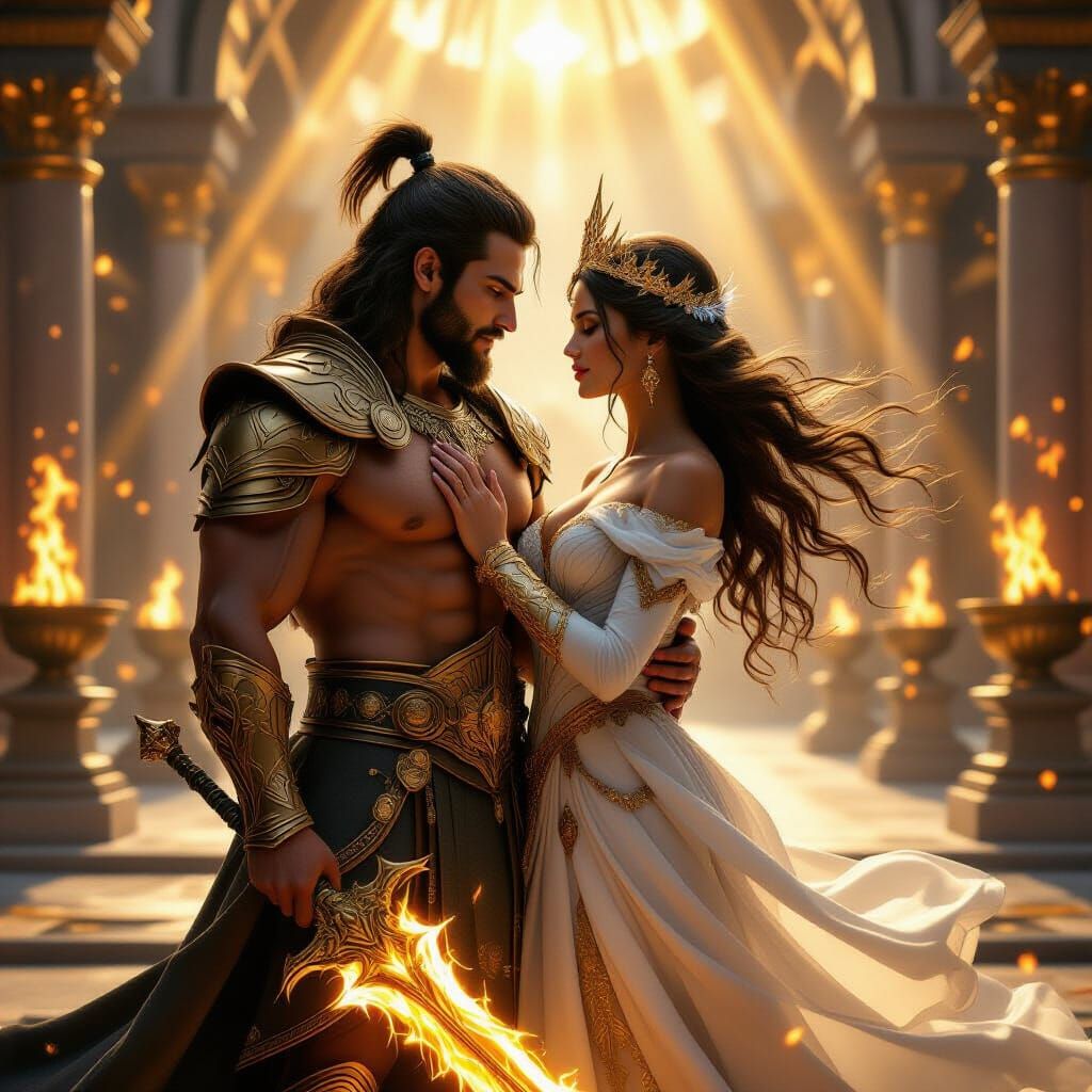 Warrior-God and Goddess Embrace in Fantasy Temple