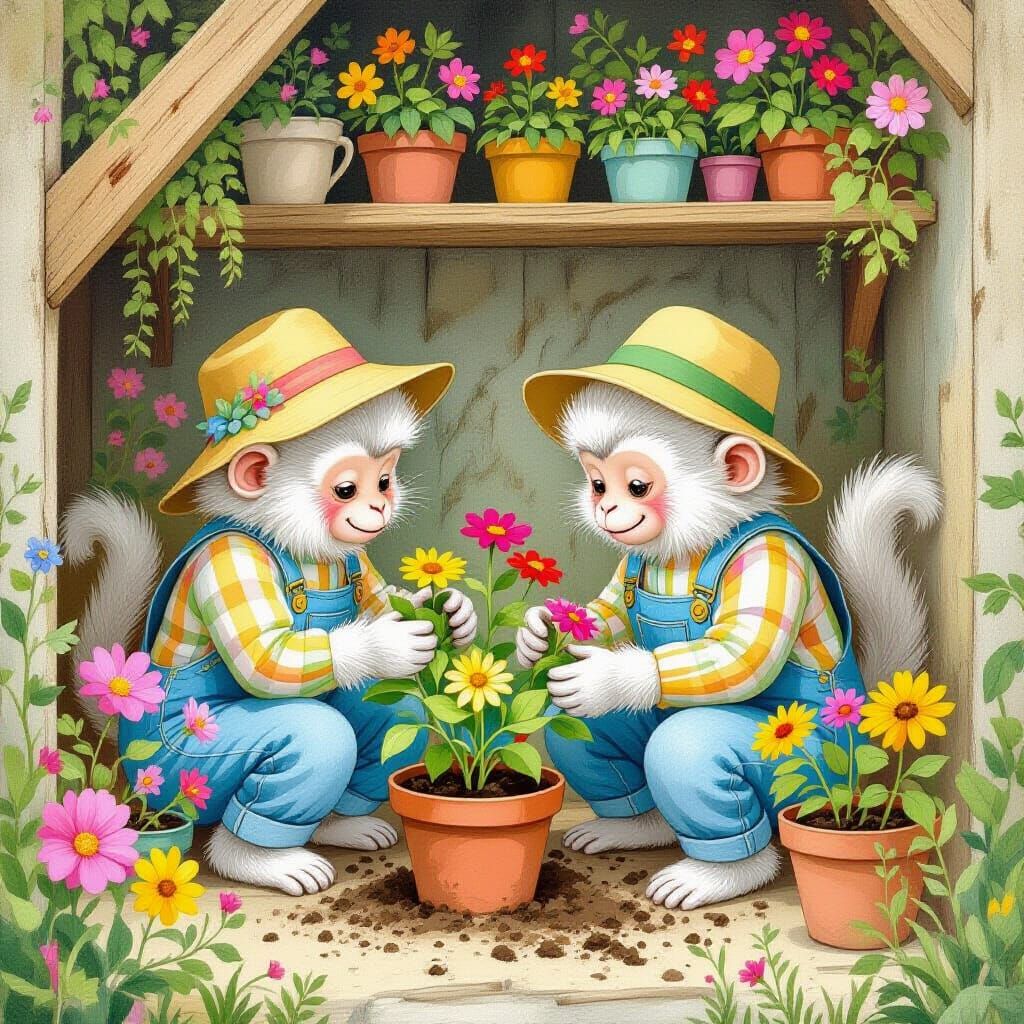 Fluffy Monkeys Gardening, Children's Book Illustration