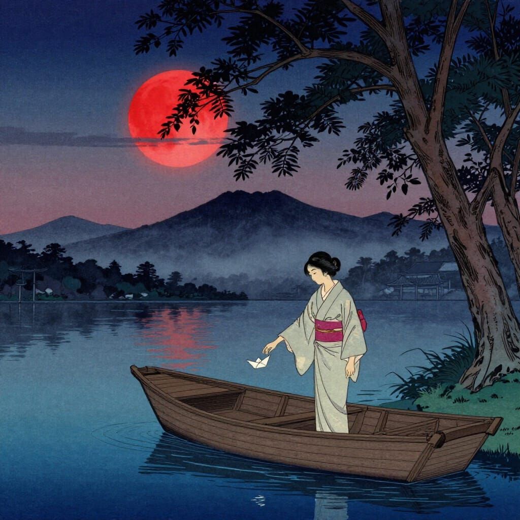 Woman Releases Paper Boat Under Blood Moon in Ukiyo-e Style